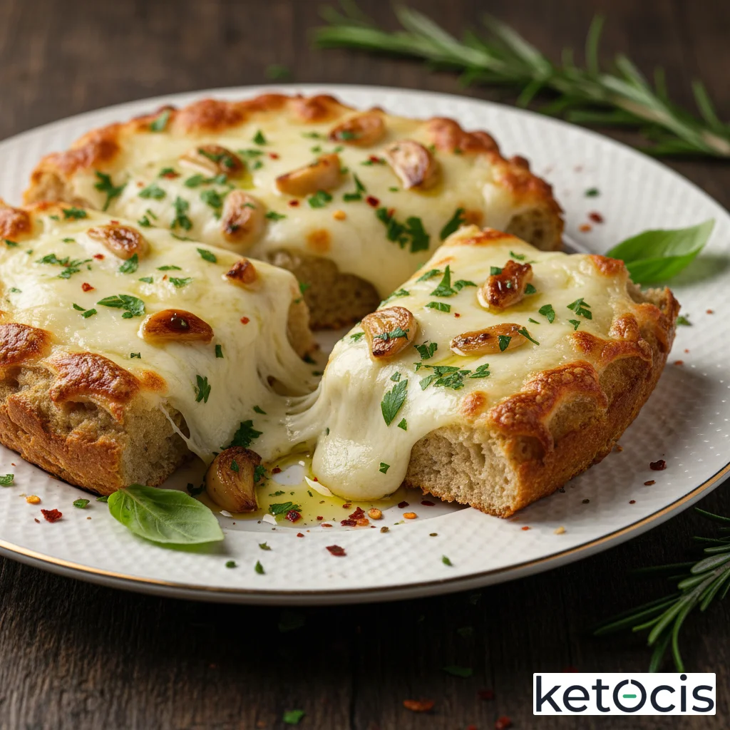 Pan de ajo cetogénico horneado con harina de lino y queso mozzarella