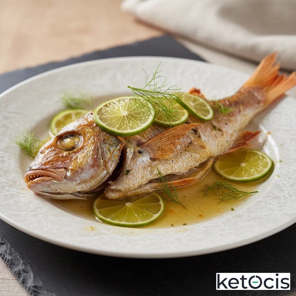 Pargo al horno con rodajas de lima y hojas de hinojo fresco