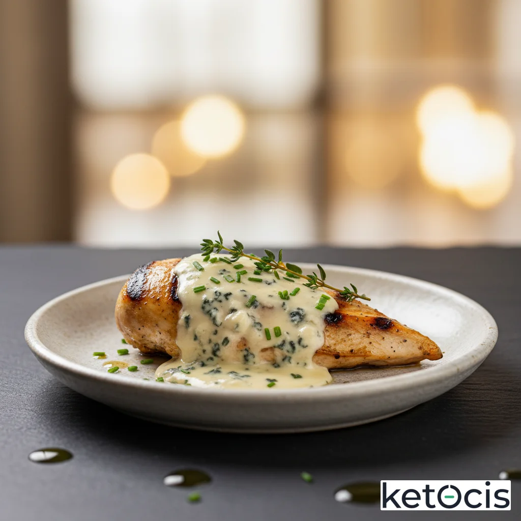 Pechuga de pollo a la plancha bañada en salsa de queso roquefort