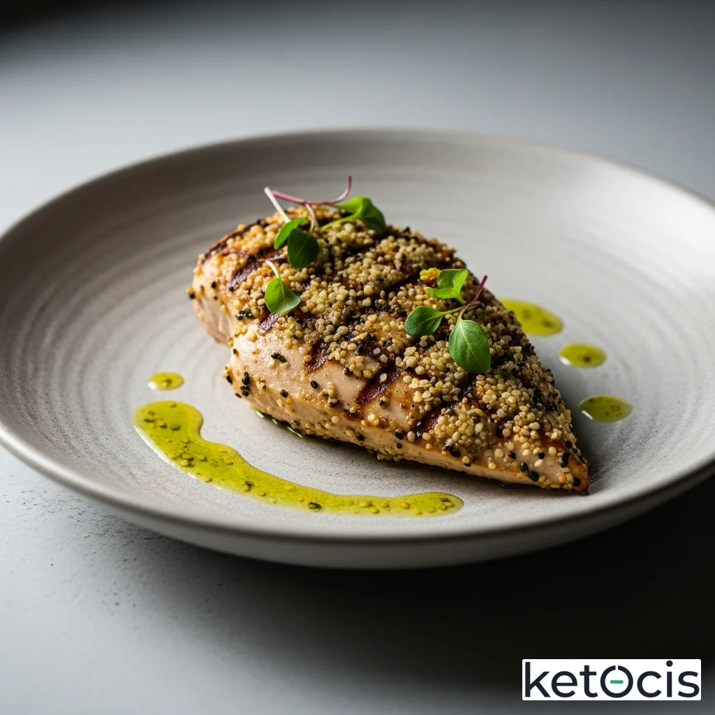 Pechuga de pollo a la plancha con costra de semillas de cáñamo