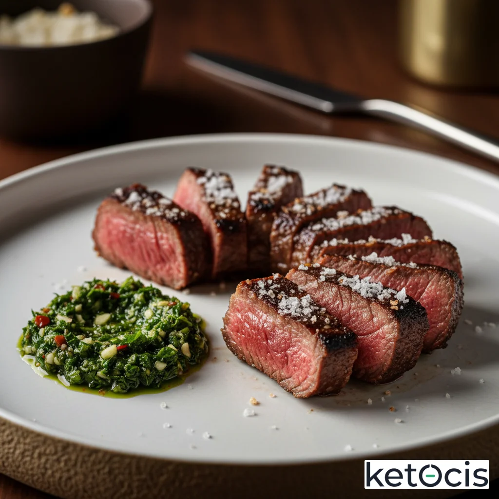 Picaña asada a la barbacoa con costra de sal gruesa y chimichurri