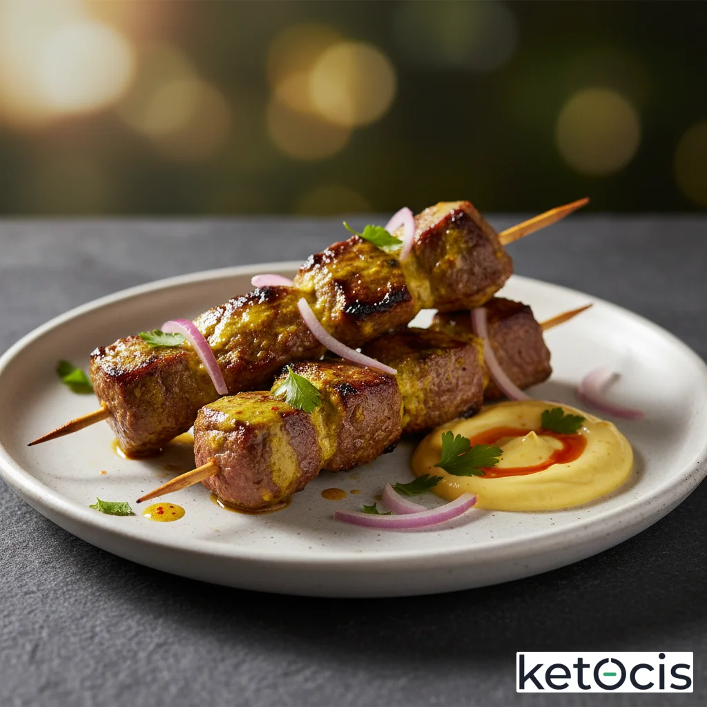 Pinchos de carne de res marinados en yogur griego y cúrcuma vibrante