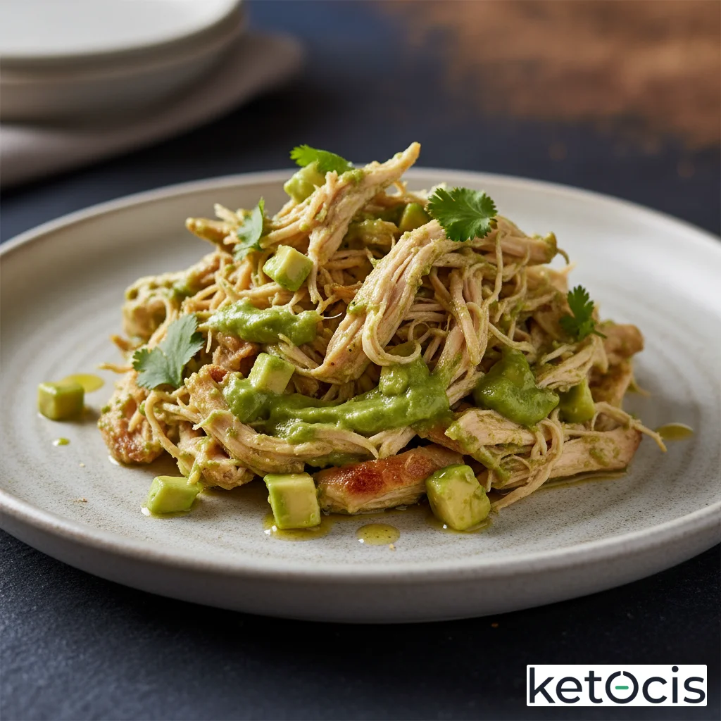 Pollo deshebrado keto mezclado con mayonesa casera de aguacate