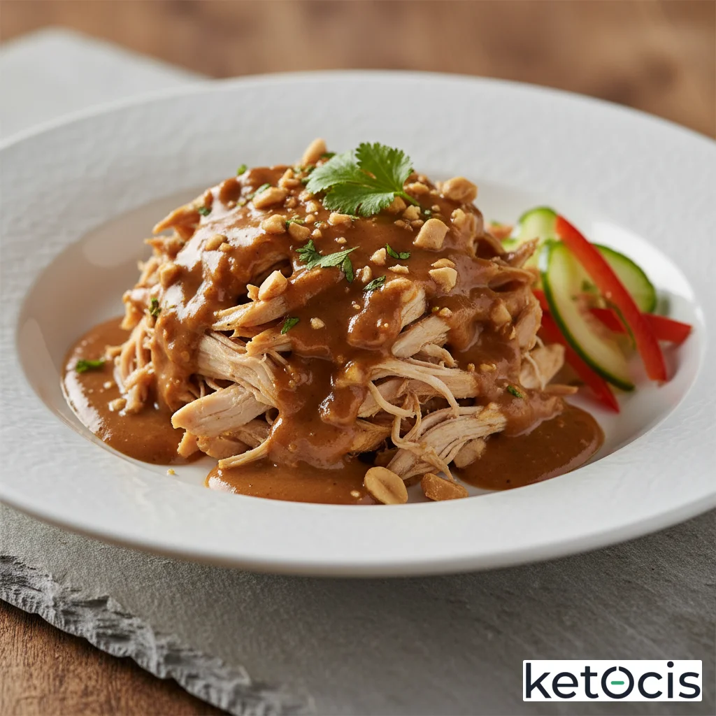 Pollo desmenuzado en salsa de cacahuete cien por cien natural sin azúcares añadidos