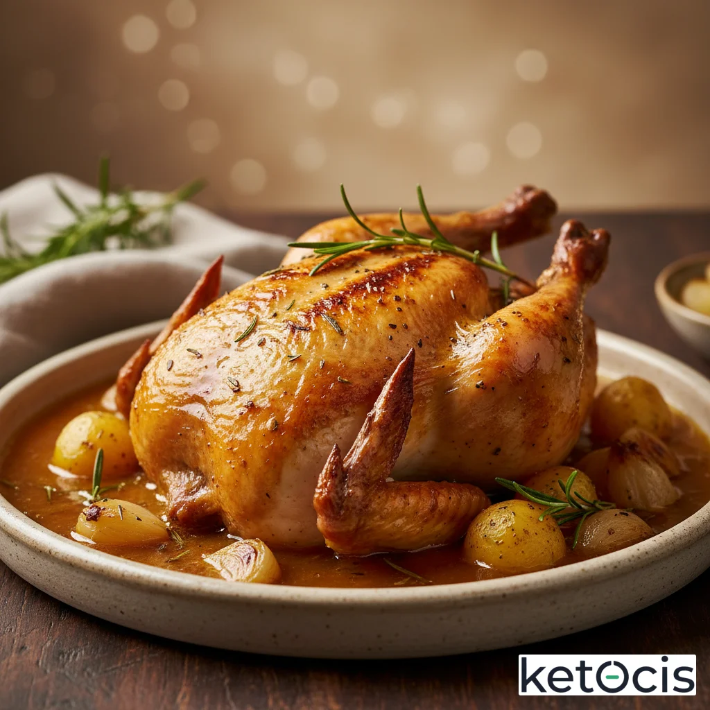 Pollo entero asado a la cazuela con vino blanco seco y romero