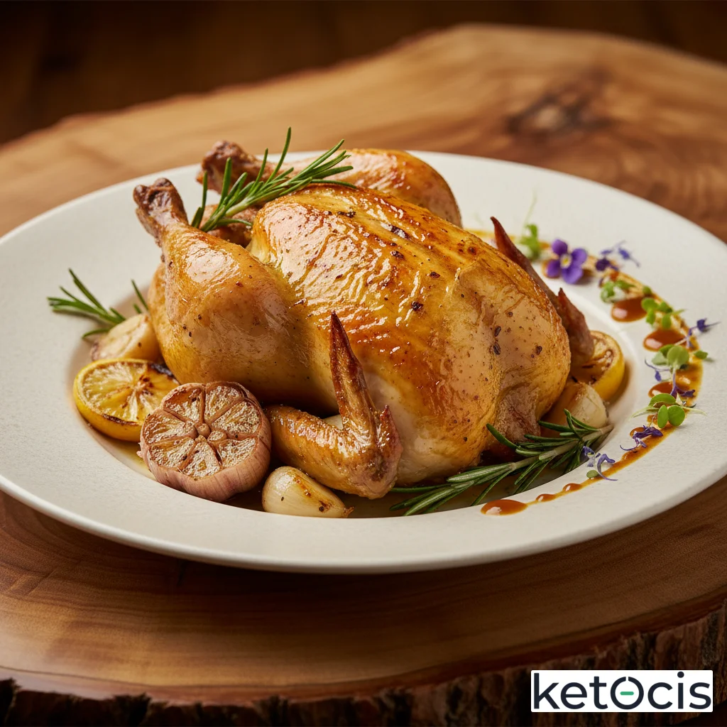 Pollo entero asado al limón amarillo con dientes de ajo y romero