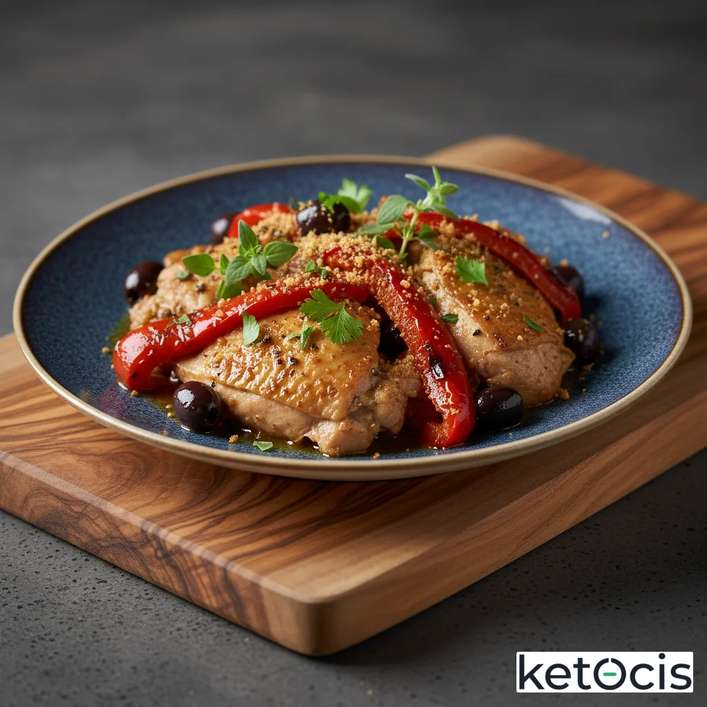 Pollo guisado a fuego lento con aceitunas negras y pimientos rojos asados
