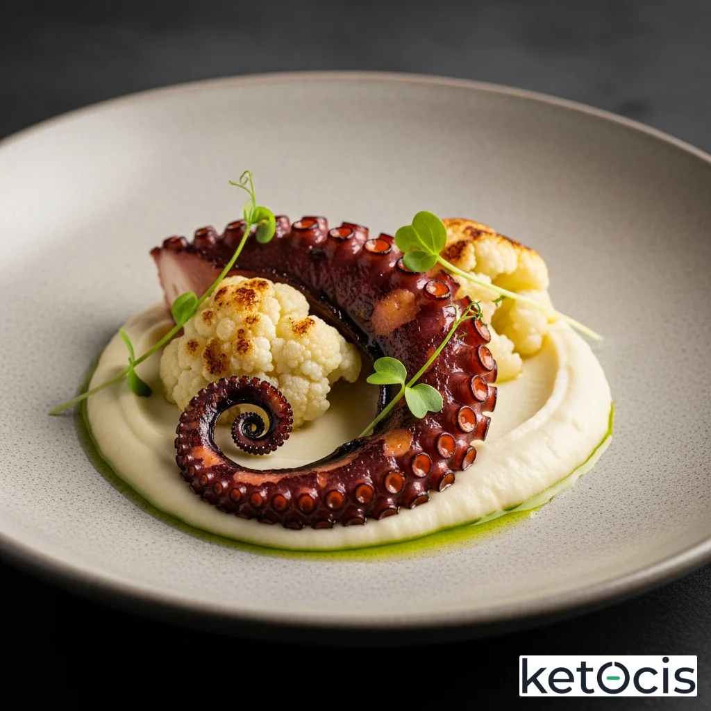 Pulpo a la brasa con puré de coliflor espeso