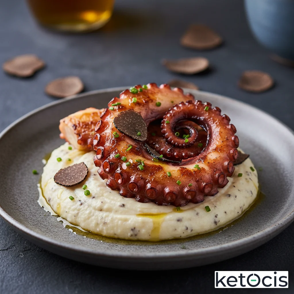 Pulpo a la brasa servido sobre puré de coliflor trufado espeso