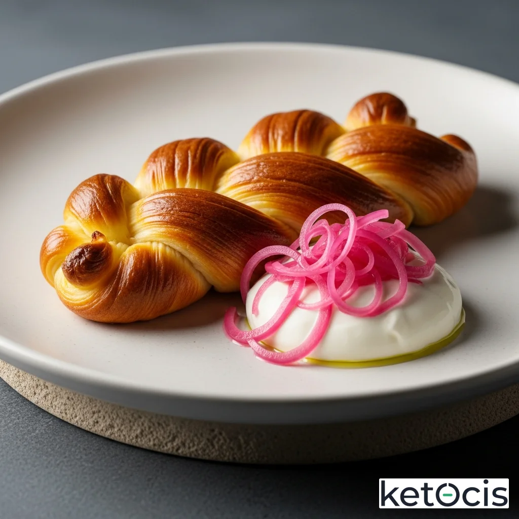 Quesillo keto trenzado de lujo con crema ácida espesa y cebolla encurtida