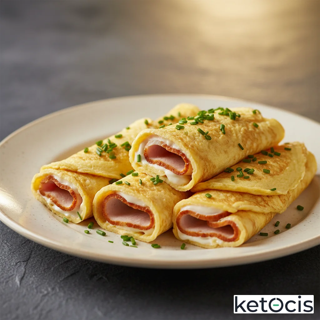 Rollitos de tortilla francesa delgada y esponjosa con pavo asado y mayonesa
