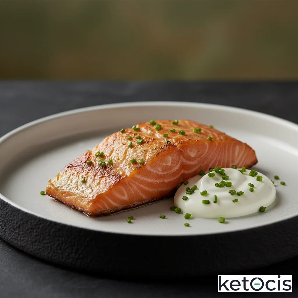 Salmón ahumado en caliente servido con crema agria y cebollino
