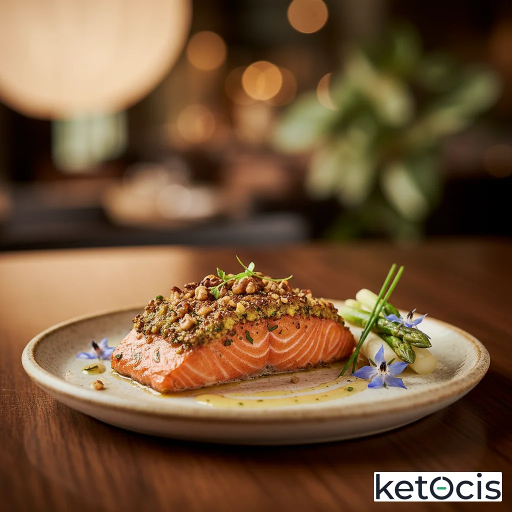 Salmón salvaje al horno con costra de mostaza antigua y nueces picadas