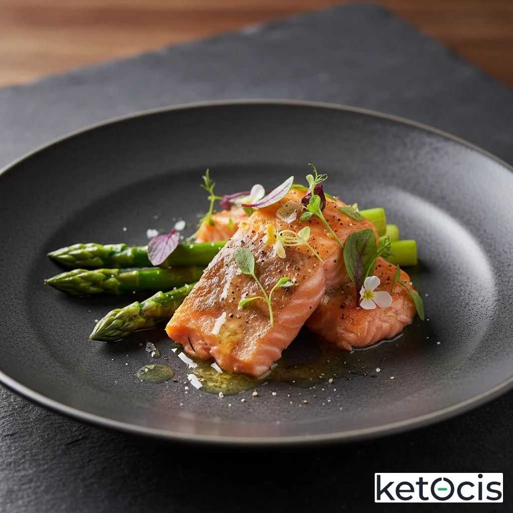 Salmón salvaje confitado en ghee con espárragos verdes finos