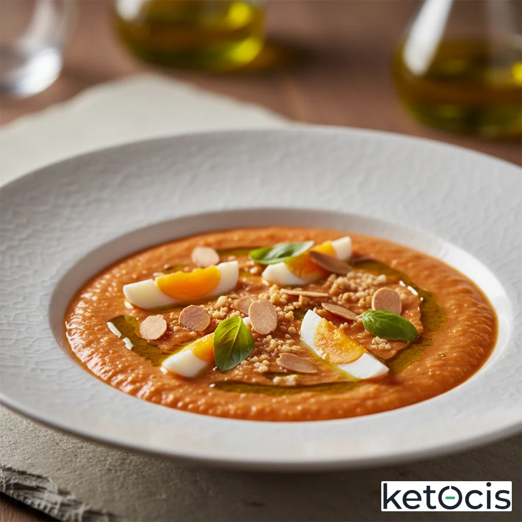 Salmorejo cetogénico espeso batido con huevo duro y almendra