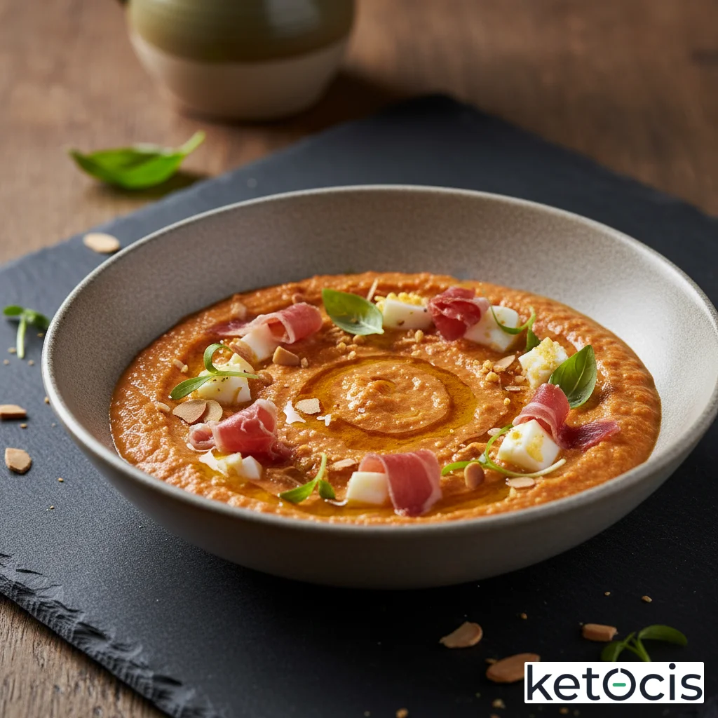 Salmorejo keto espeso hecho con huevo duro y almendra molida