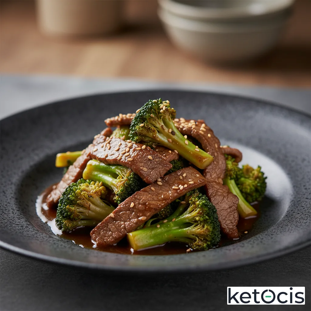 Salteado de tiras de ternera con brócoli al dente y salsa tamari pura