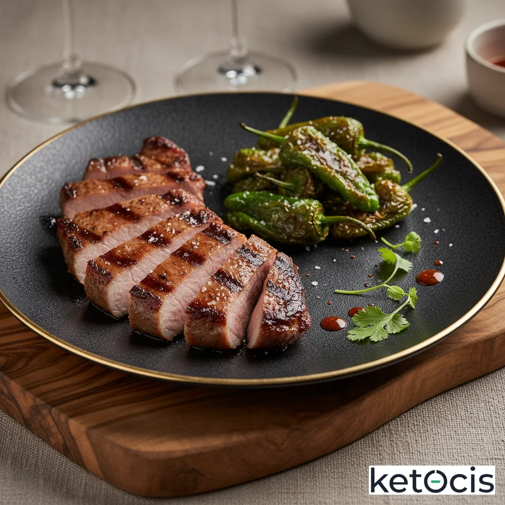 Secreto ibérico a la brasa con pimientos del padrón fritos