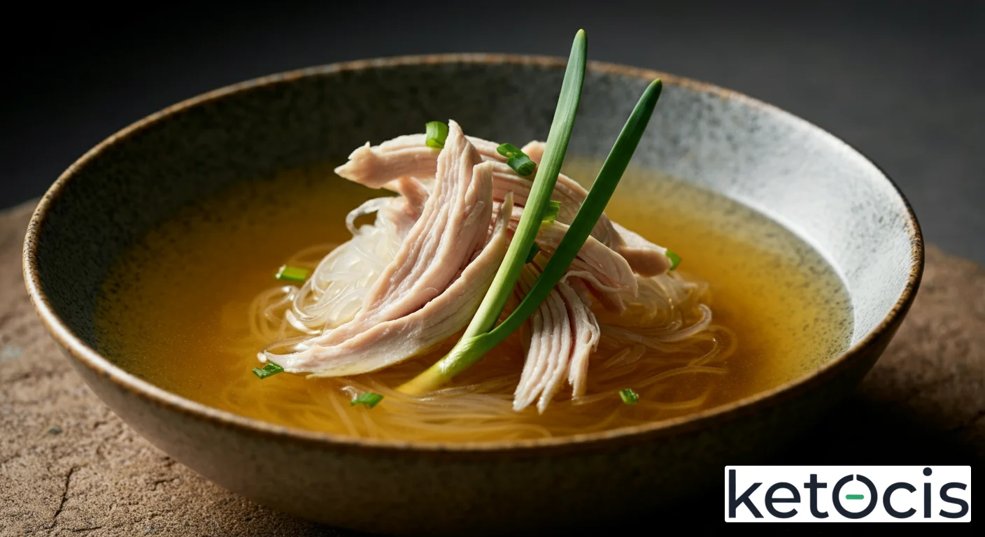 Sopa clara de pollo campero con fideos de konjac y ajetes