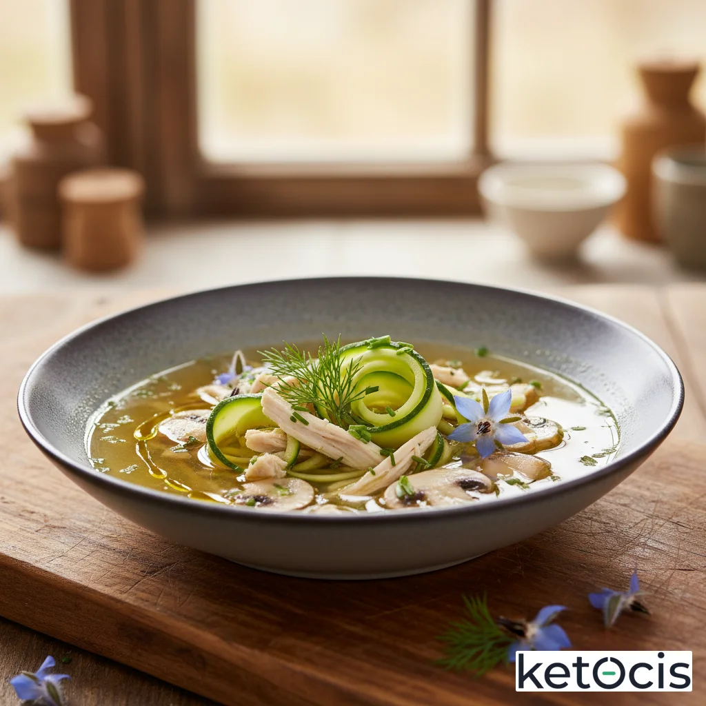 Sopa clara de pollo campero con fideos finos de calabacín