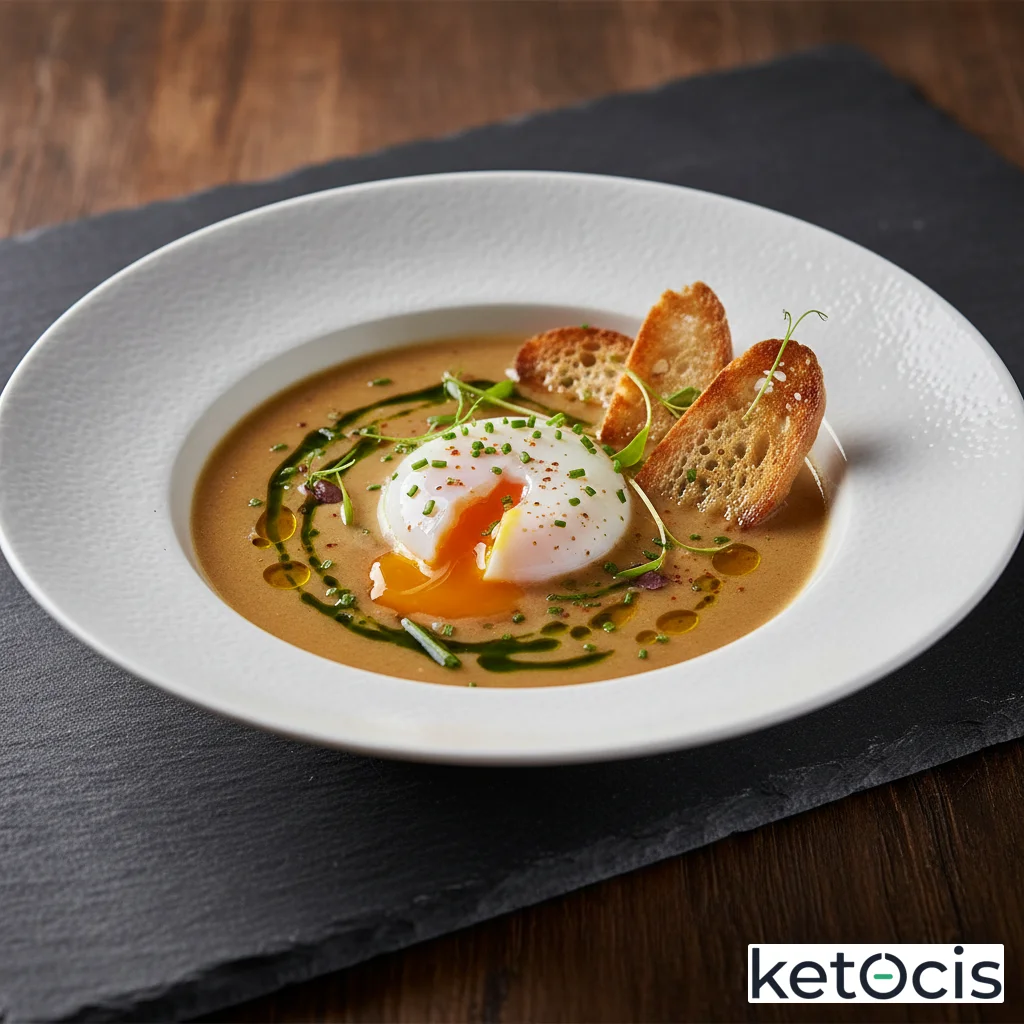 Sopa de ajo tradicional adaptada con huevo escalfado y aceite