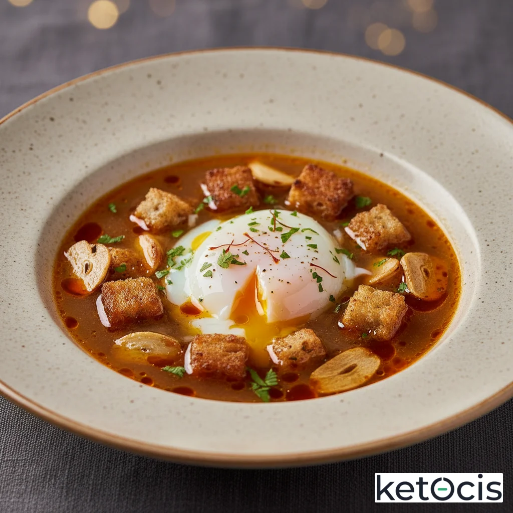 Sopa de ajo tradicional española adaptada con huevo escalfado pochado