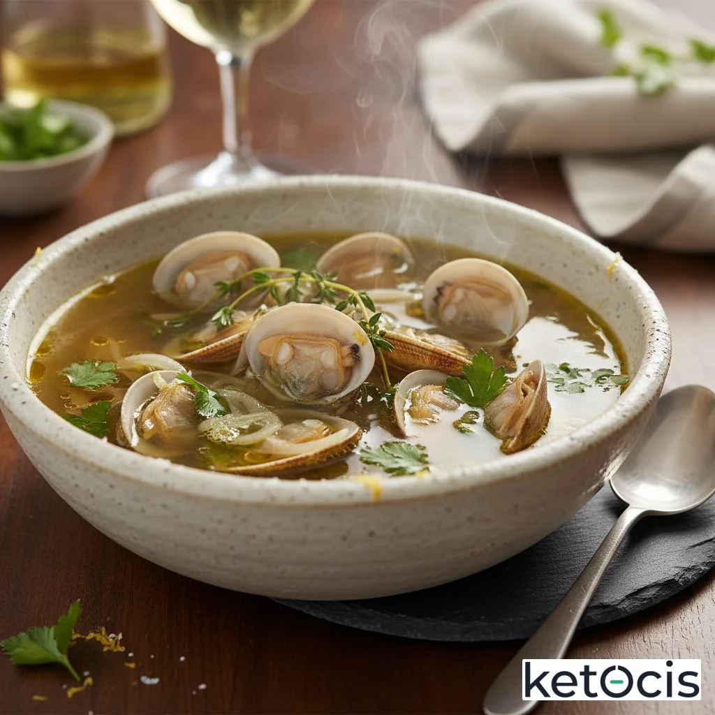 Sopa de almejas naturales clara cocinada con vino blanco