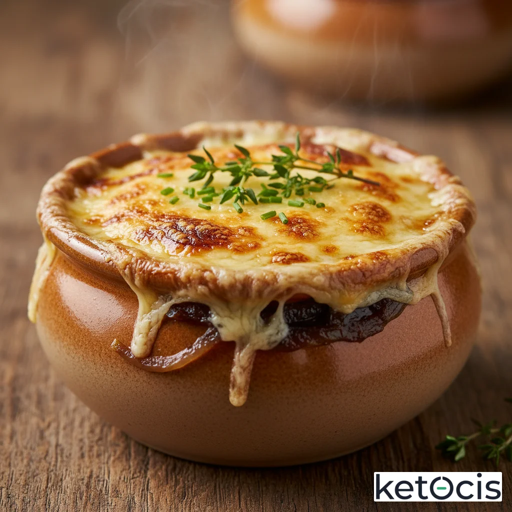Sopa de cebolla francesa asada al horno lentamente con queso gratinado