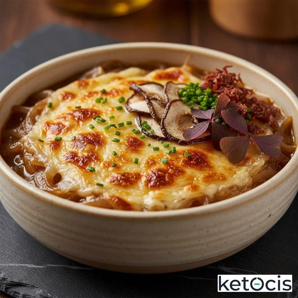 Sopa de cebolla francesa asada al horno sin harinas ni pan