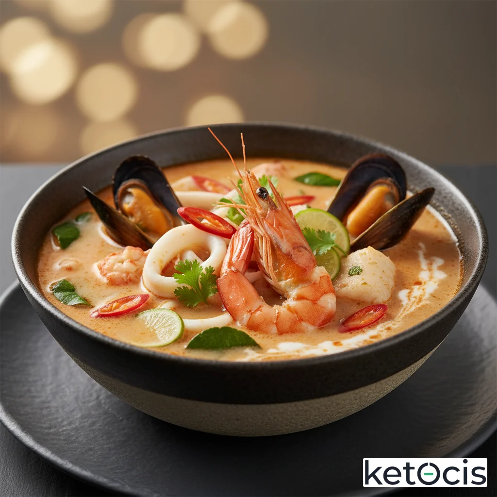 Sopa de mariscos tailandesa picante con leche de coco pura