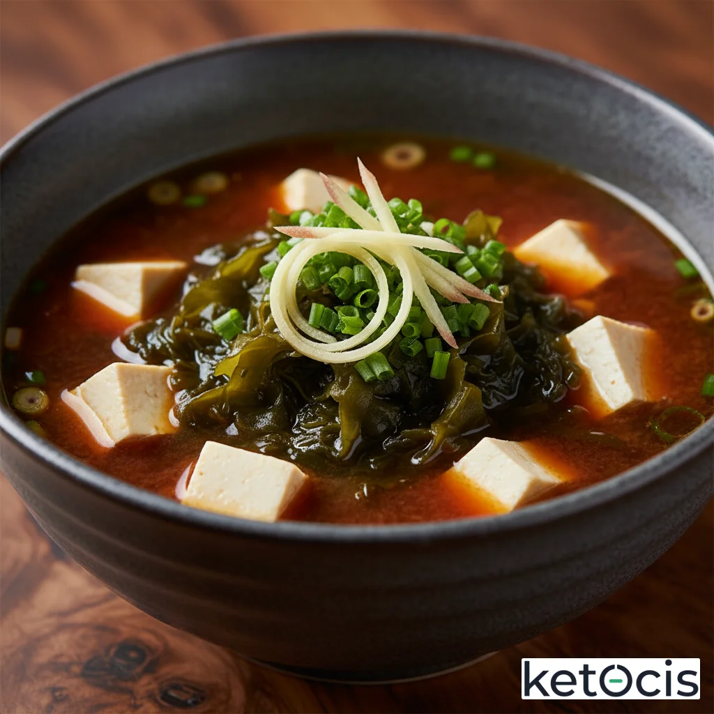 Sopa de miso rojo tradicional con algas wakame y tofu firme