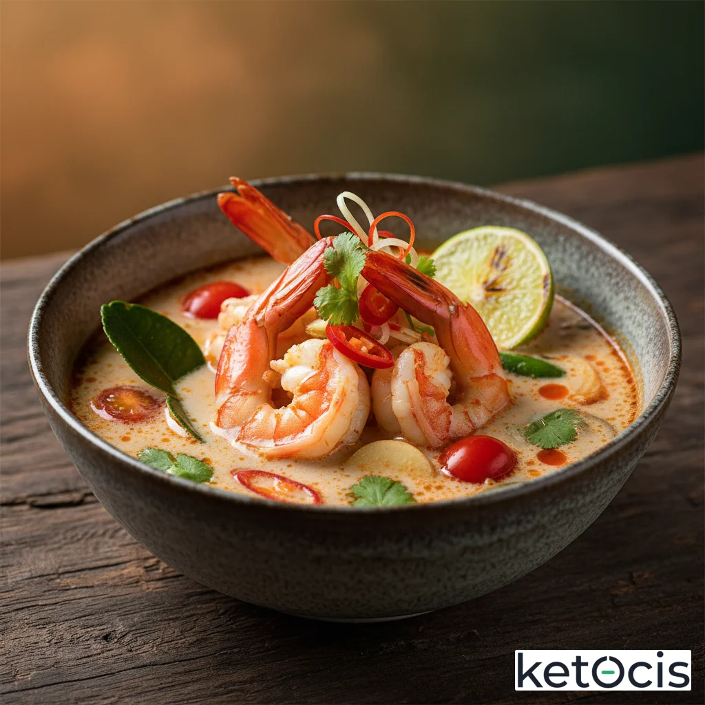 Sopa picante de gambas tailandesa hecha con leche de coco pura