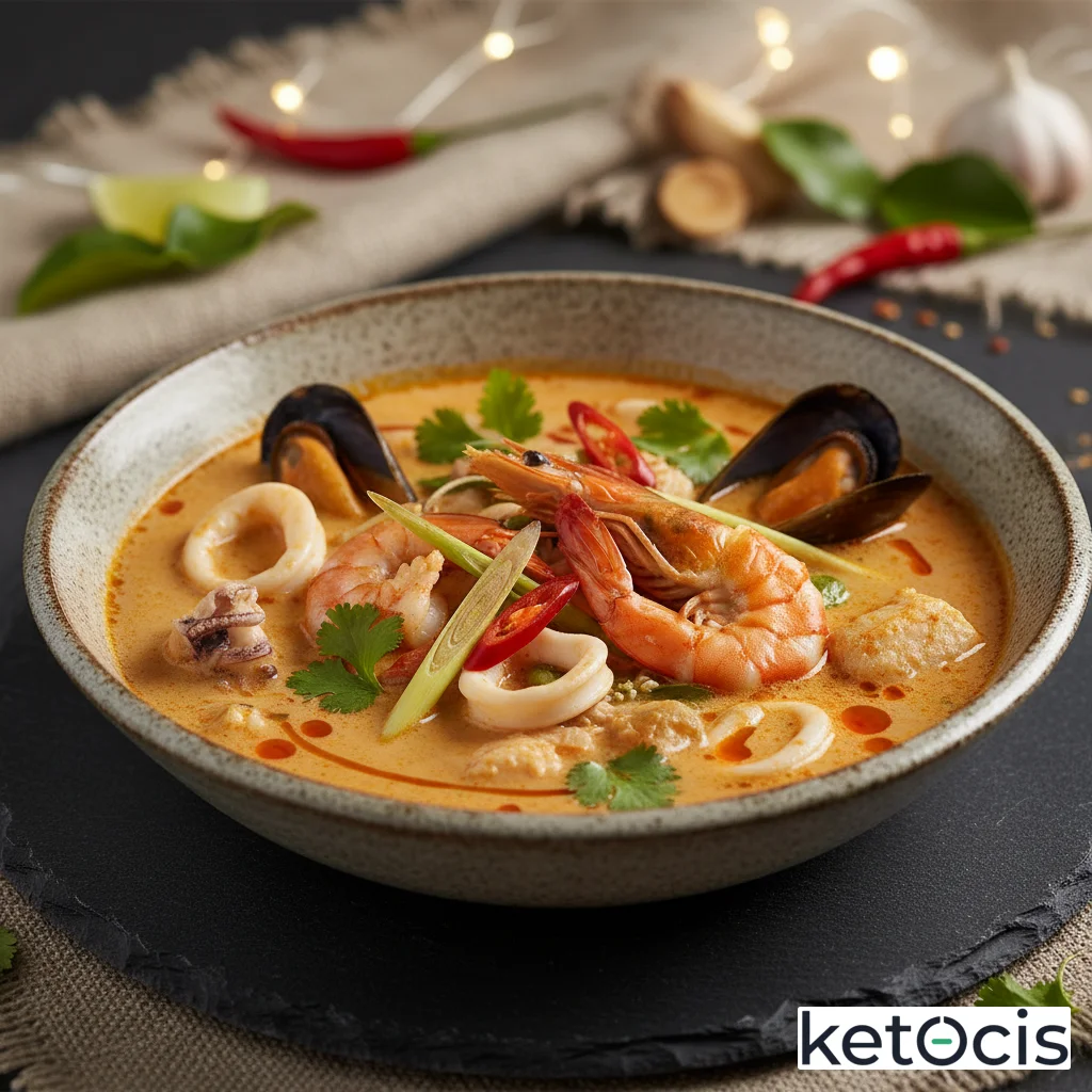 Sopa picante tailandesa de mariscos cocinada con leche de coco pura