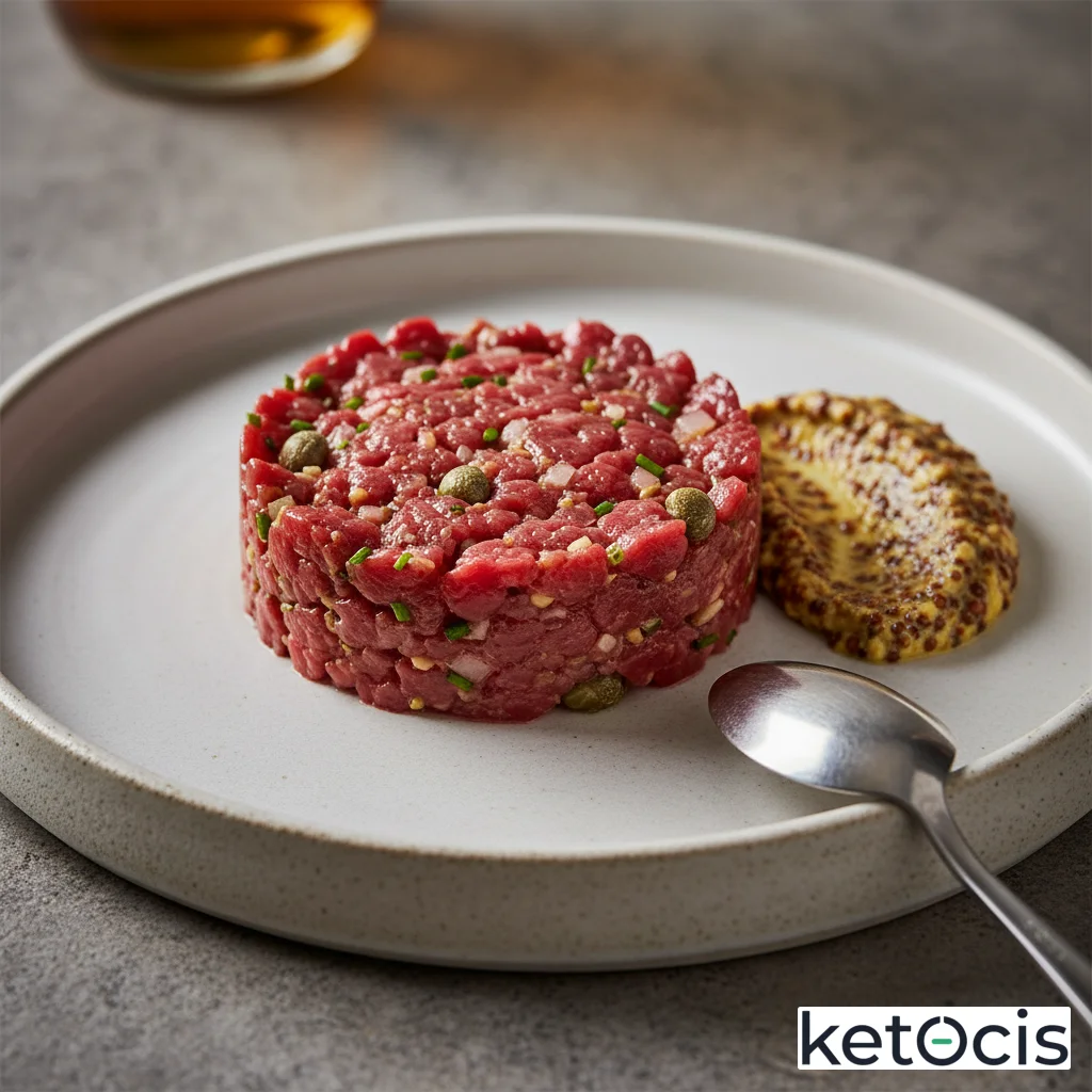 Steak tartar de solomillo de res cortado a cuchillo con mostaza antigua
