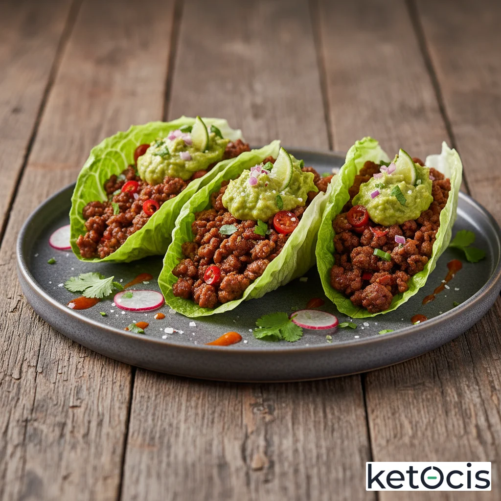 Tacos de lechuga iceberg rellenos de carne picada de res y guacamole