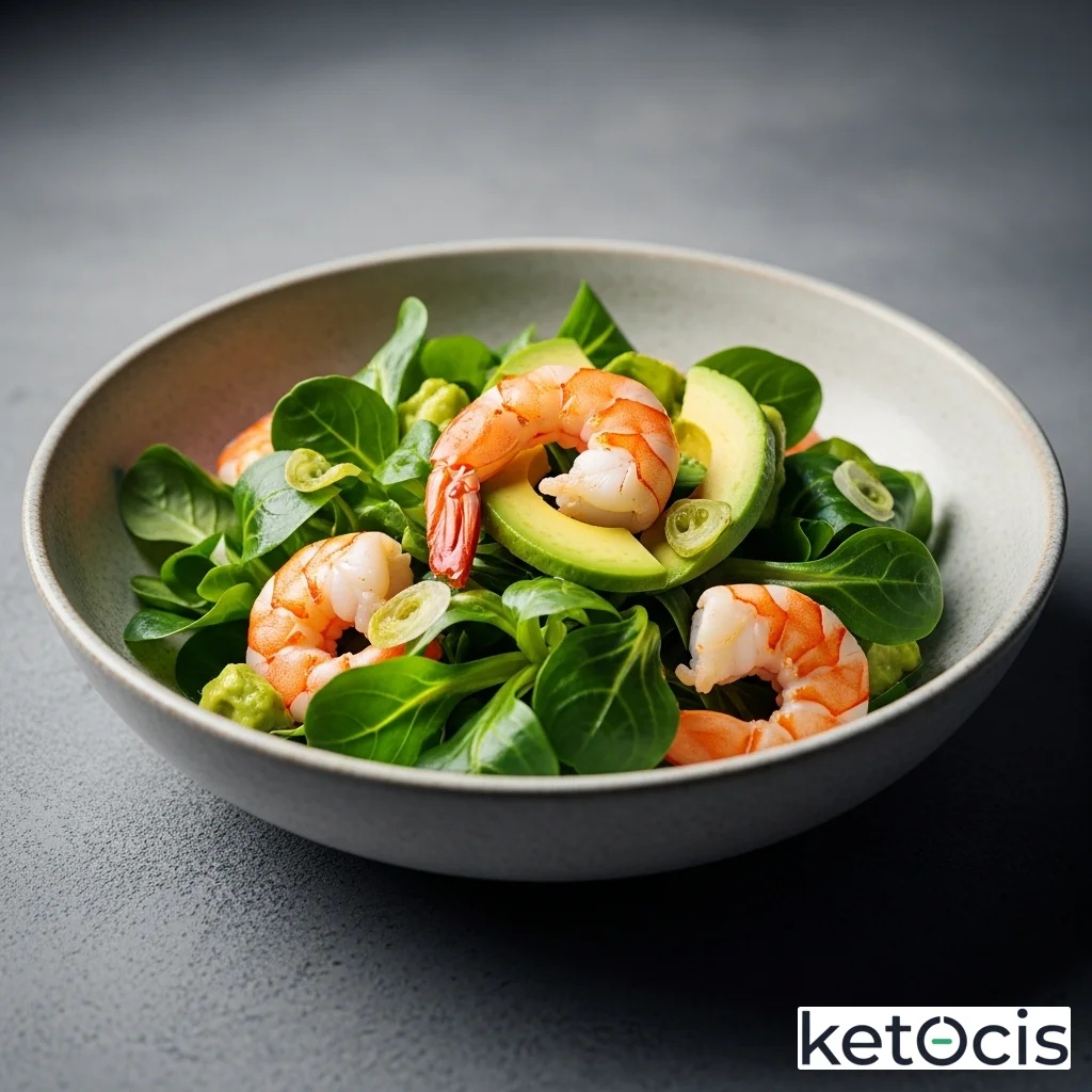 Tazón de canónigos con aguacate y gambas cocidas