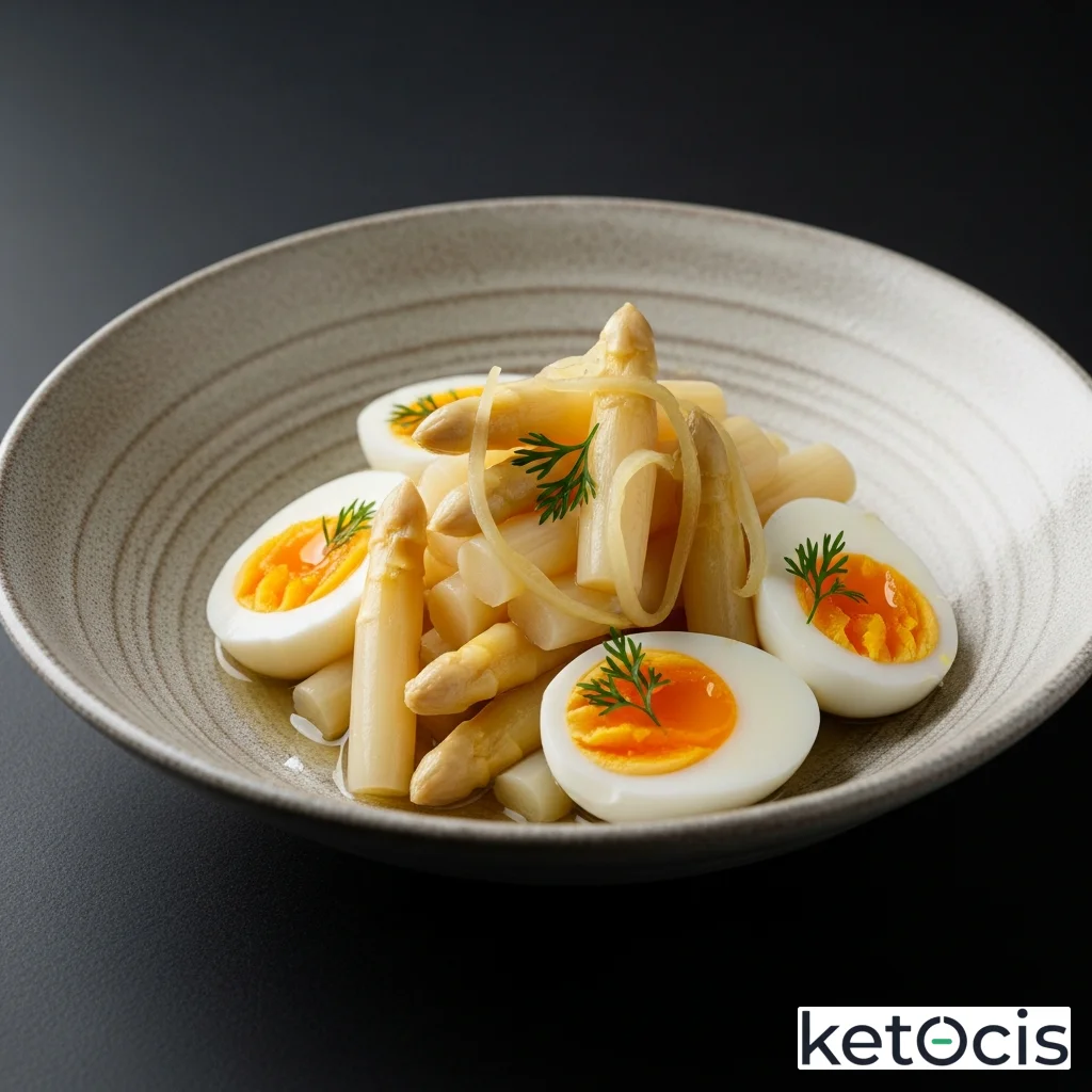 Tazón de espárragos blancos en conserva con huevos duros