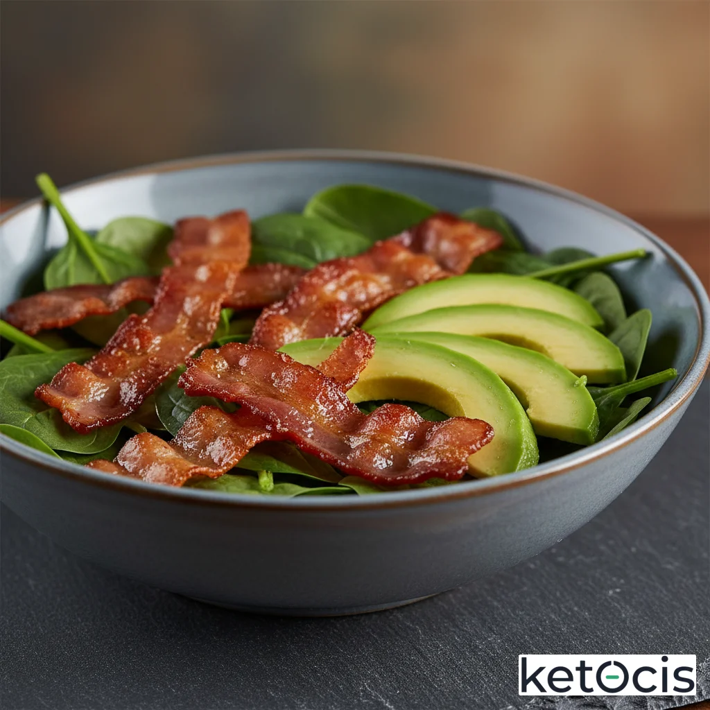 Tazón de espinacas baby crudas con tocino frito y aguacate laminado