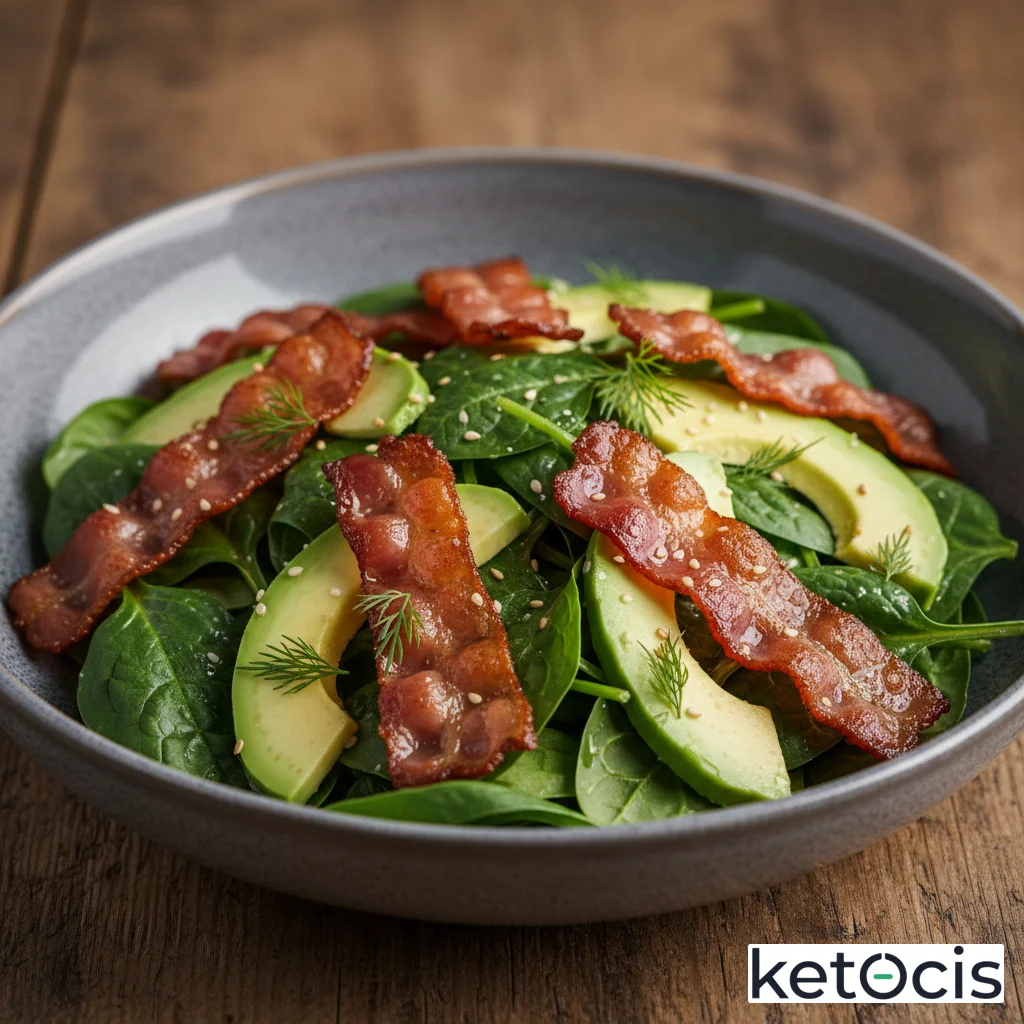 Tazón de espinacas baby tiernas con tocino frito y aguacate
