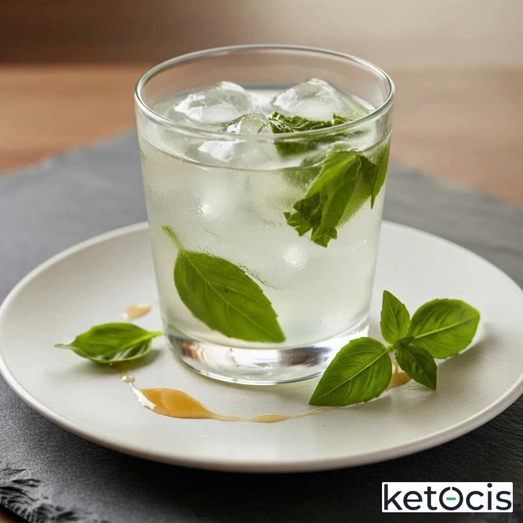 Té blanco suave con hojas de albahaca fresca machacadas y hielo