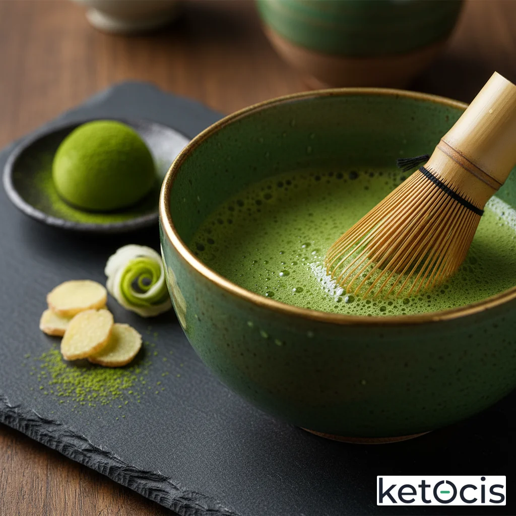 Té matcha tradicional preparado con agua a ochenta grados y batidor