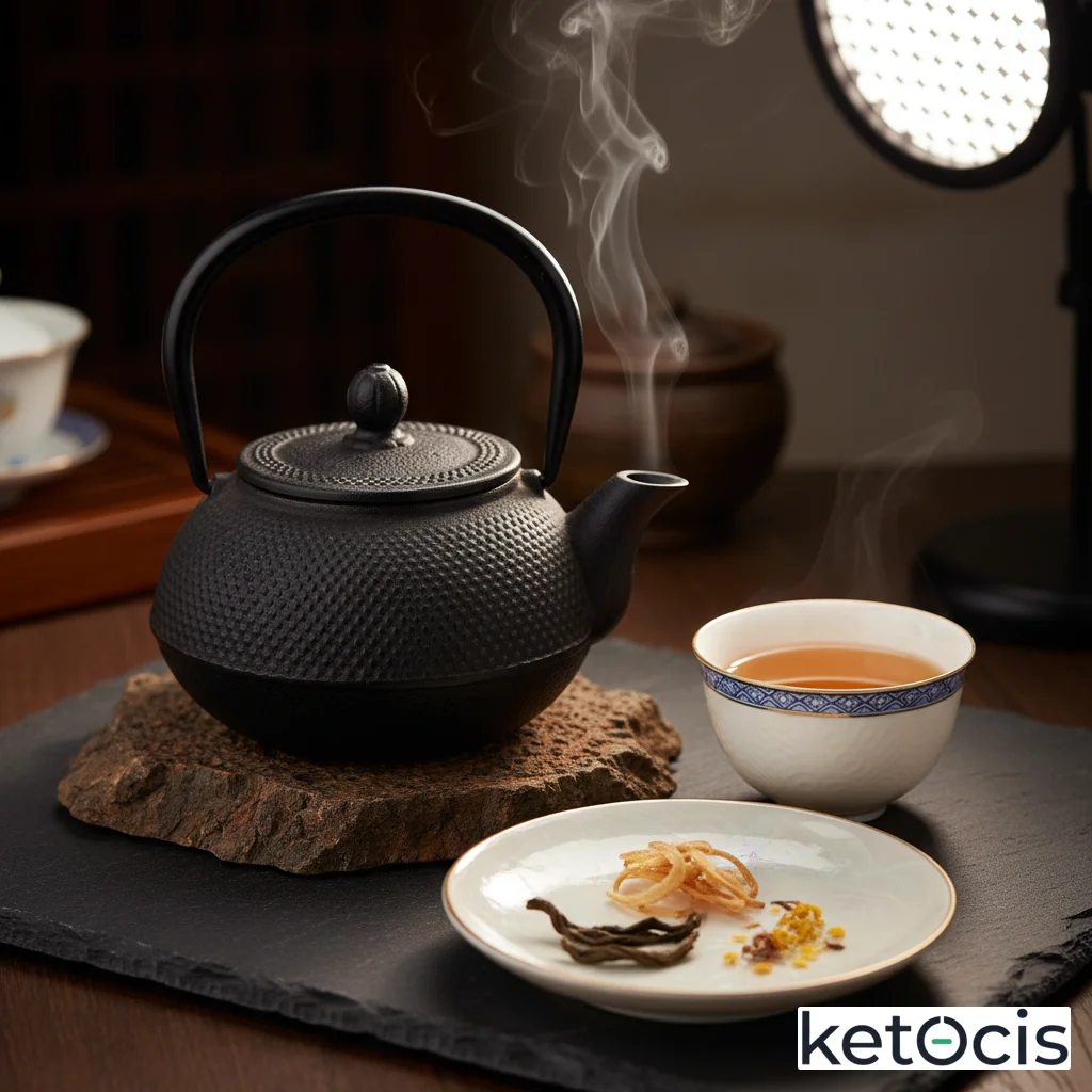 Té oolong tradicional chino servido muy caliente en tetera de hierro