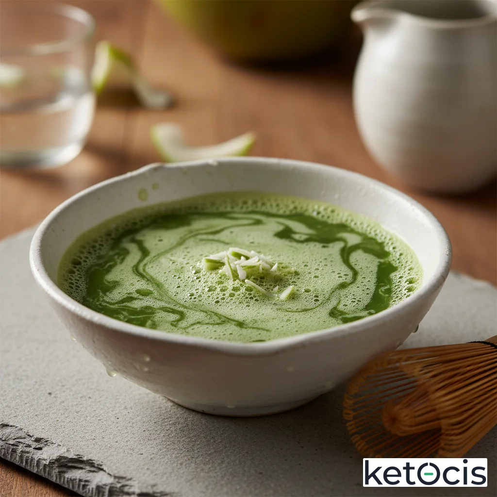 Té verde sencha japonés batido intensamente con agua de coco verde fresca