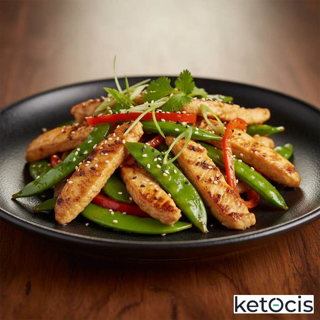 Tiras de pollo al wok con tirabeques y aceite de sésamo tostado