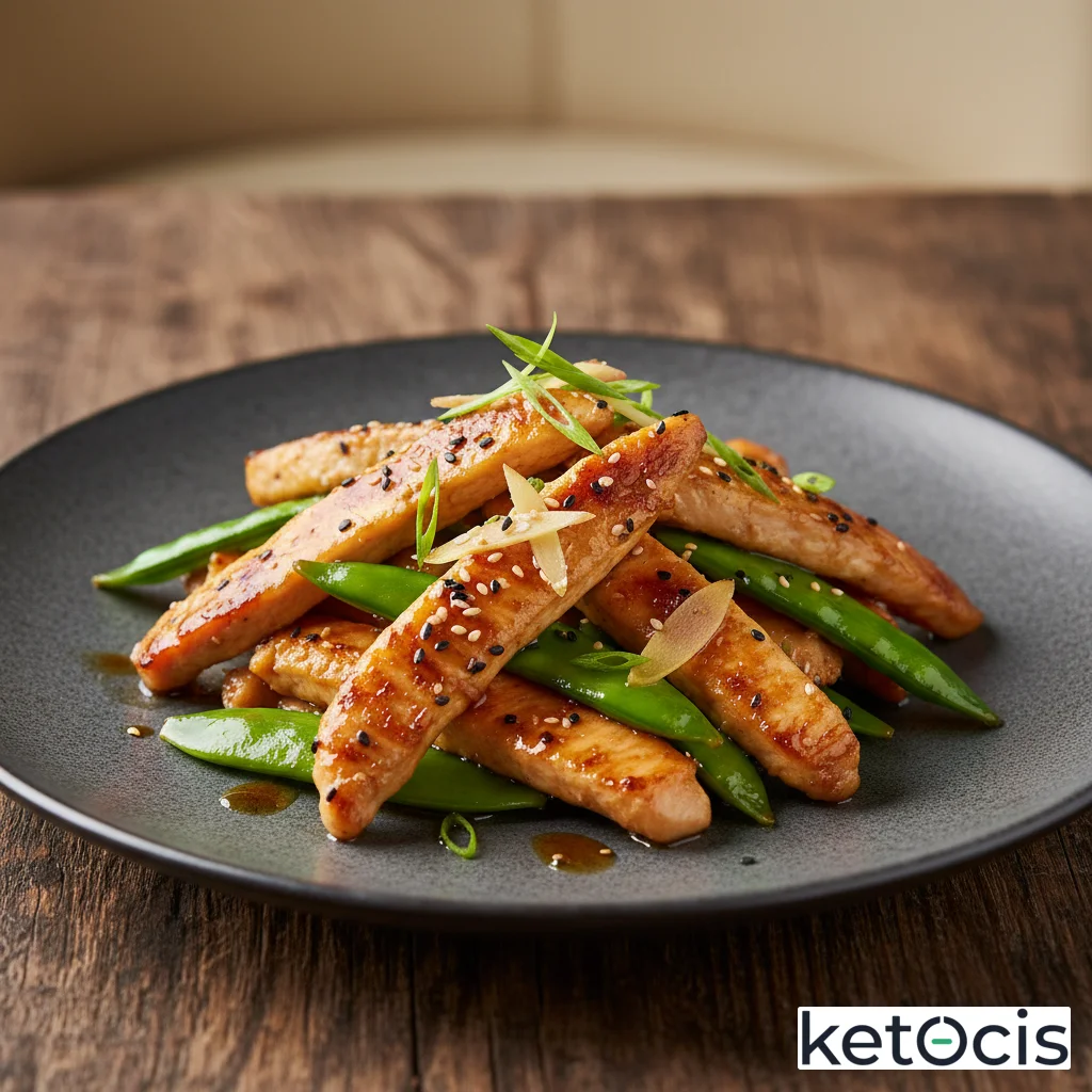 Tiras de pollo salteadas al wok con tirabeques y jengibre fresco