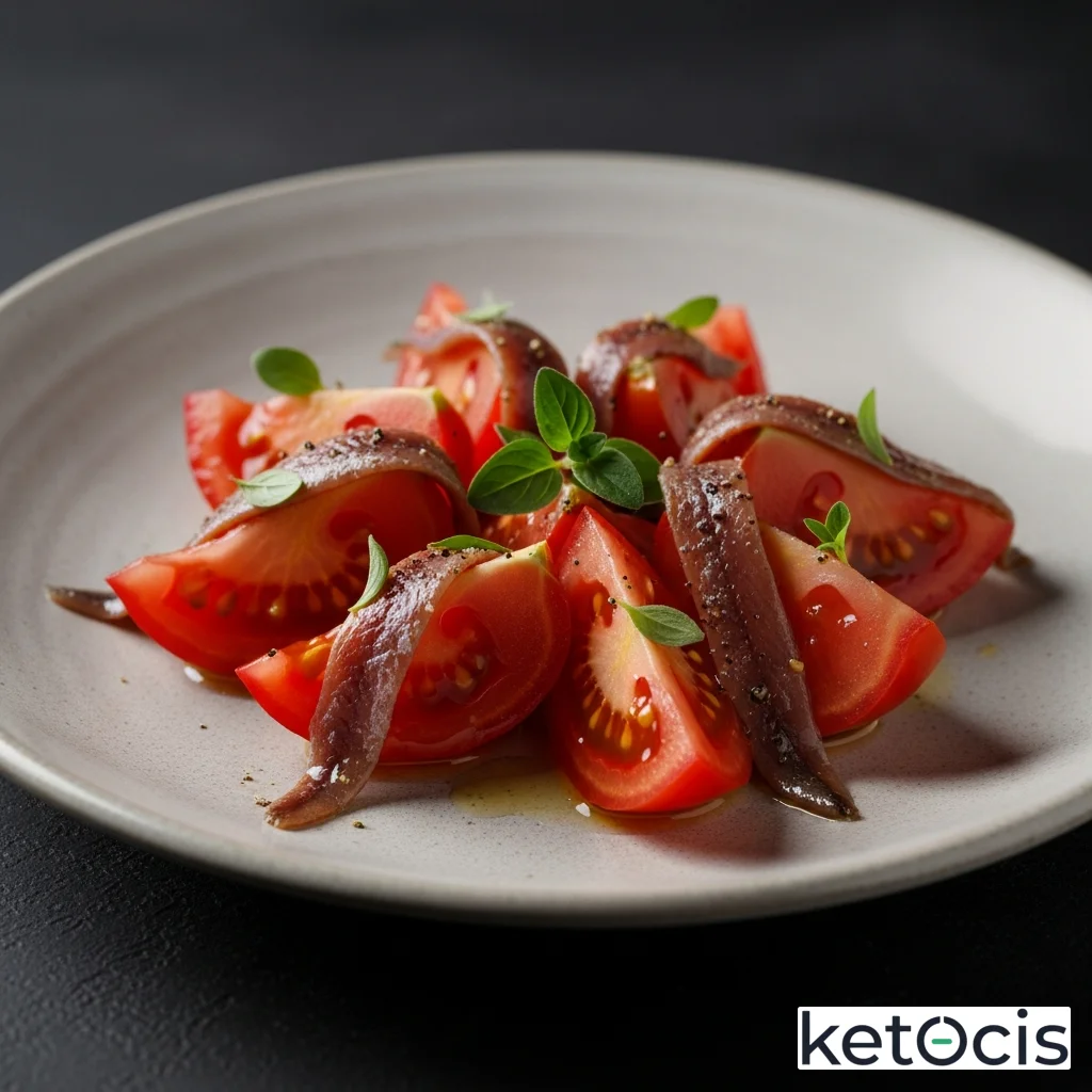 Tomates de rama cortados con anchoas y orégano