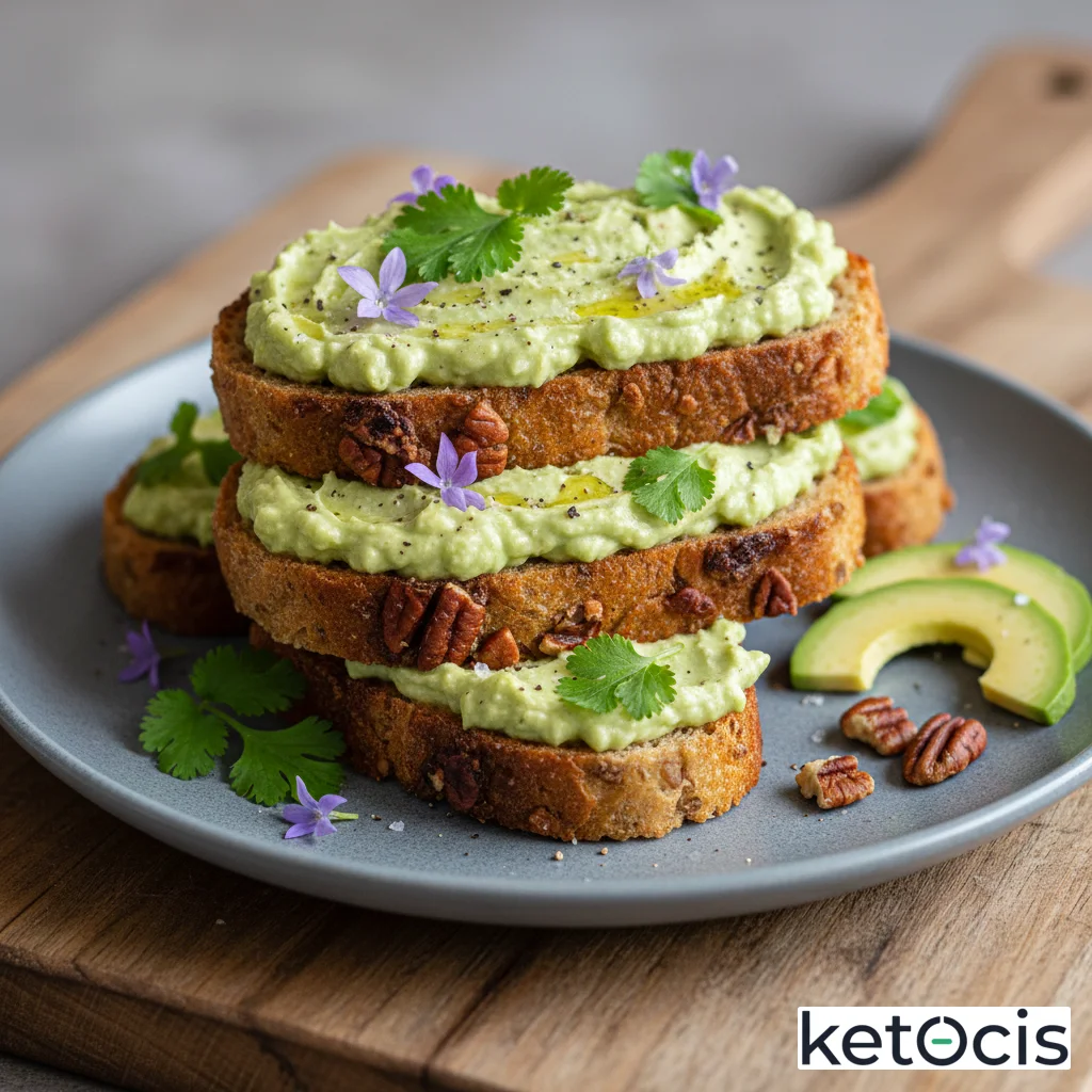 Tostadas de pan keto de nueces pecanas con crema de aguacate