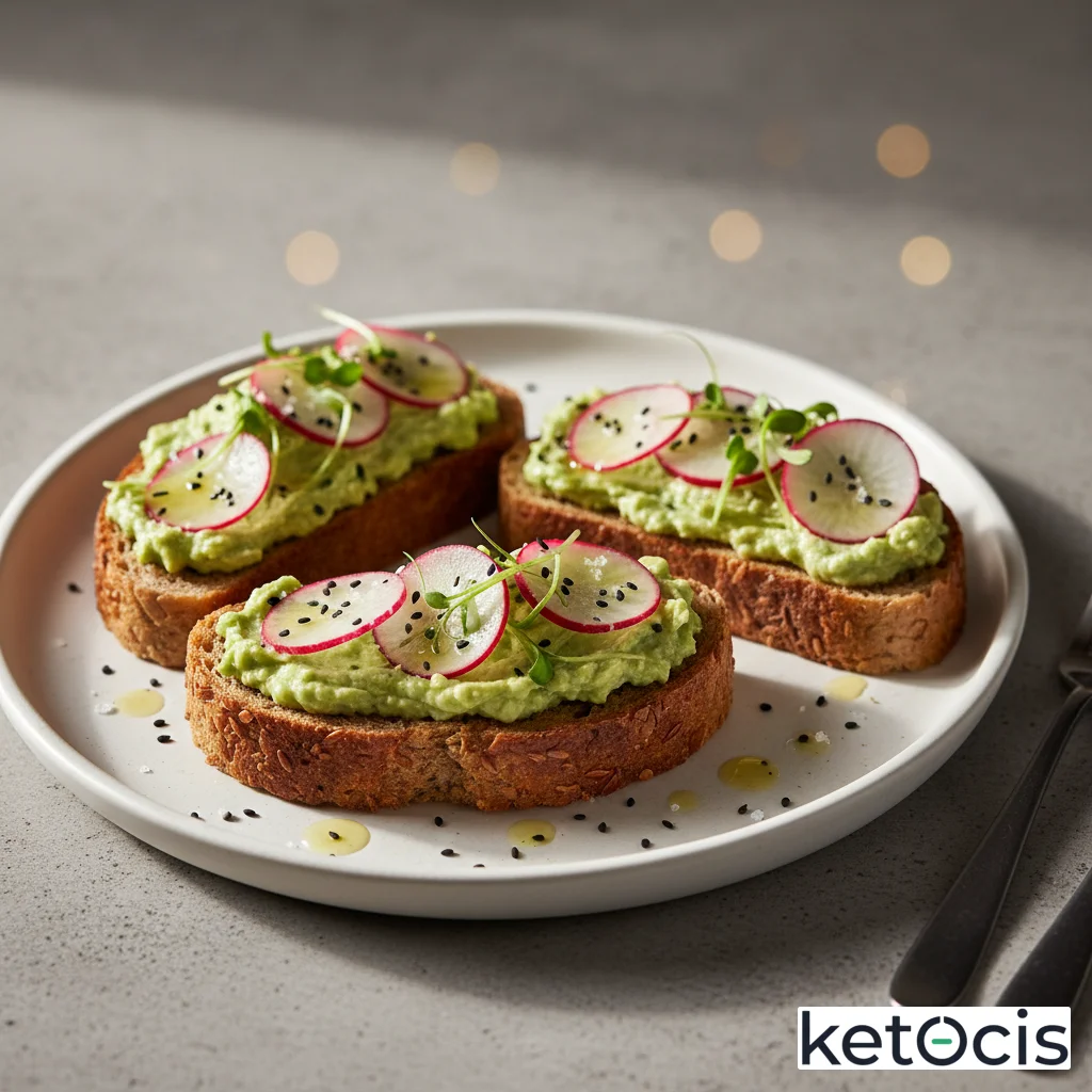 Tostadas de pan keto de semillas de lino con crema de aguacate y rábano