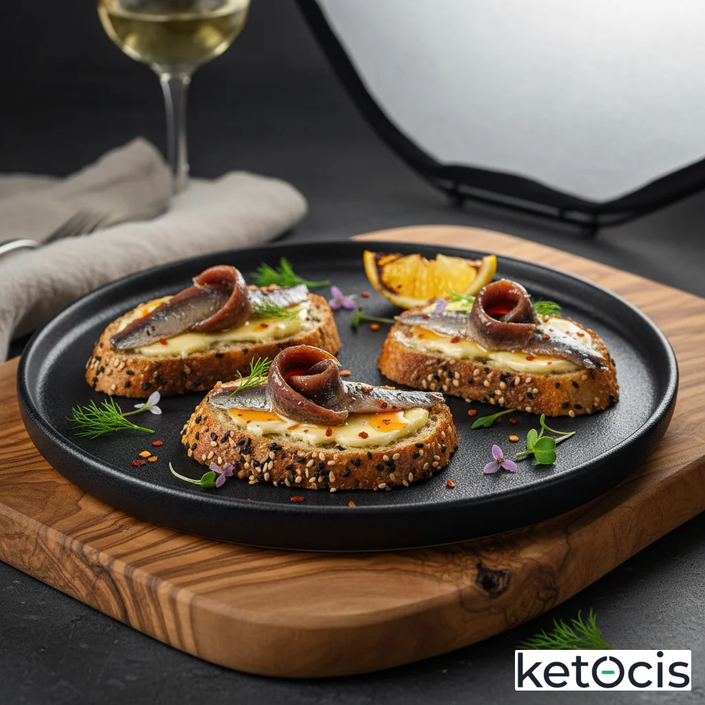 Tostadas de pan keto de sésamo con mantequilla clarificada y filetes de anchoa