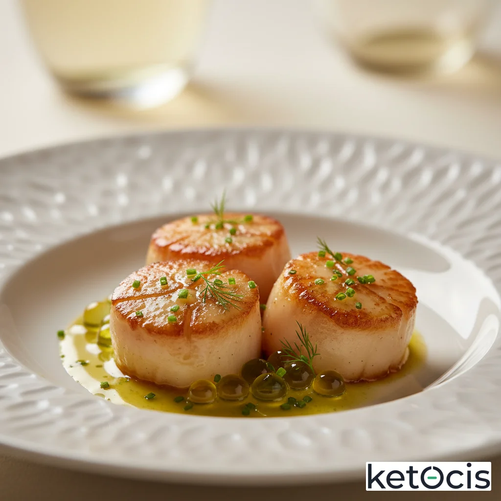 Vieiras confitadas en ghee con perlas de aceite de oliva y cebollino